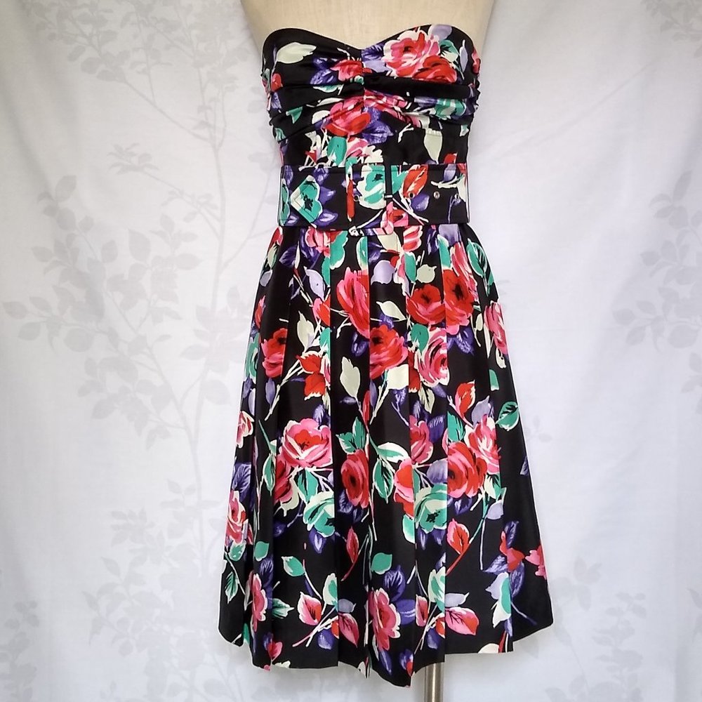 Express 100% silk‎ floral strapless belted dress 0